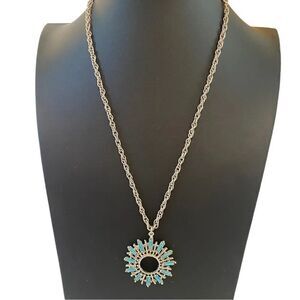 Vintage Silver Toned Faux Turquoise Circular Pendant on Rope Chain